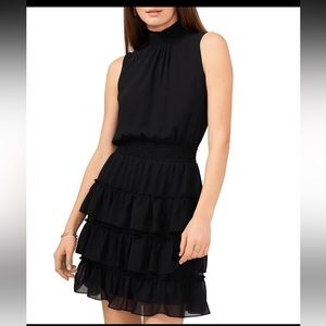 1 State Smocked mock-neck sleeveless ruffled tike red black dress